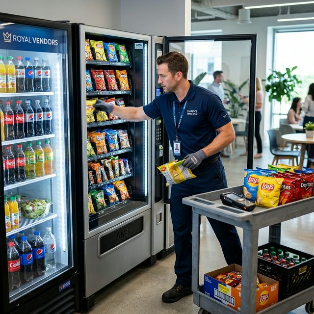 Cape Coral Vending service technician restocking a machine